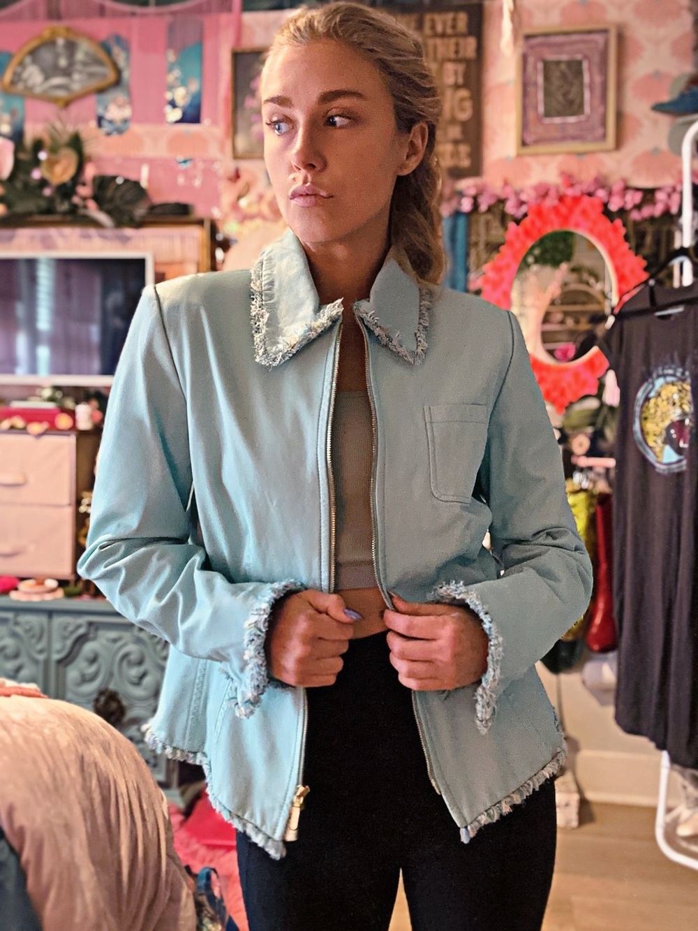 Y2K Vintage Dana Buchman Mint Leather Jacket (Size M/L)– Frayed Tweed Trim